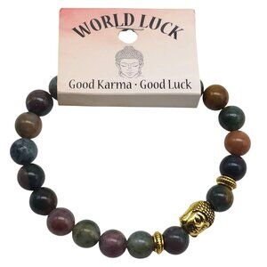 Natural Stone Beaded Stretch Bracelet Gold Green Purple Gold Tone Buddha Charm